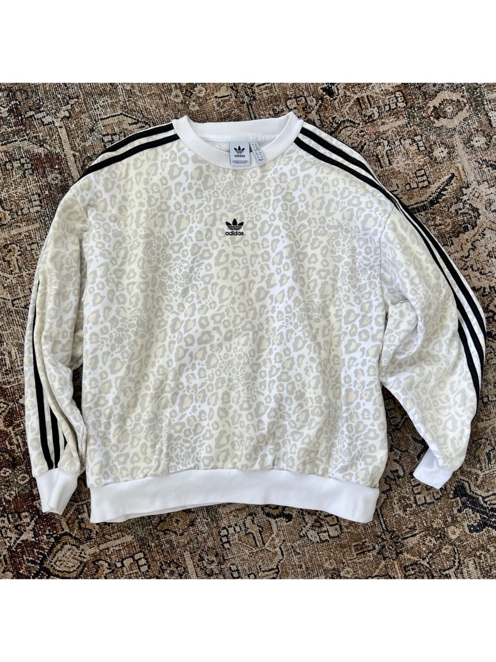 adidas Cream and Light Gray Leopard Print Crewneck with Black Trefoil